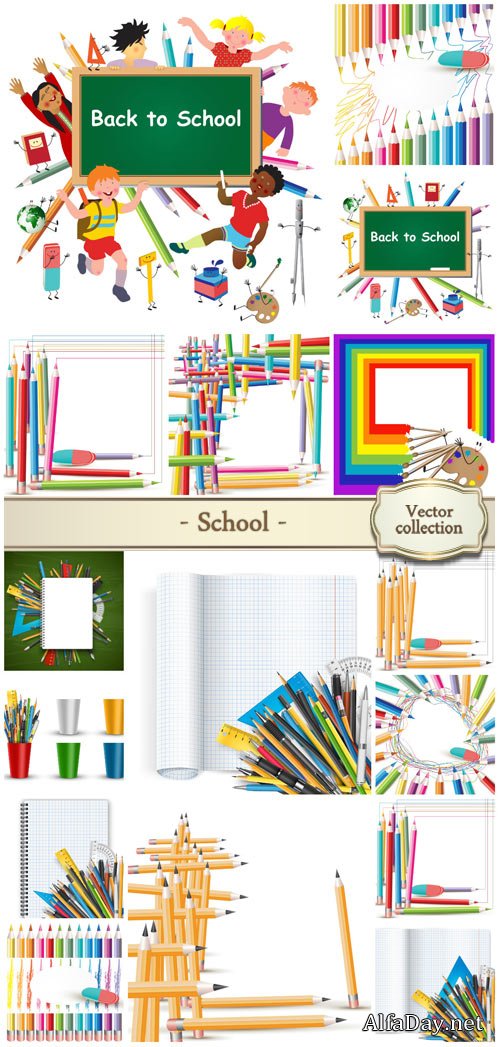 School vector, colored pencils and notebooks