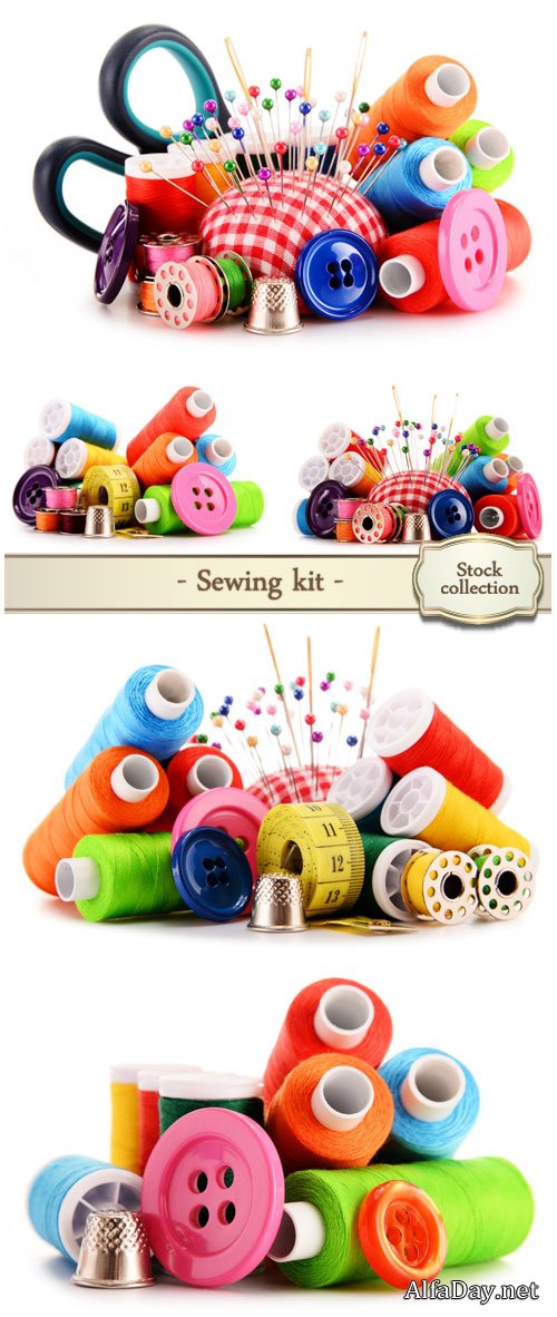 Composition with tailor threads isolated on white background