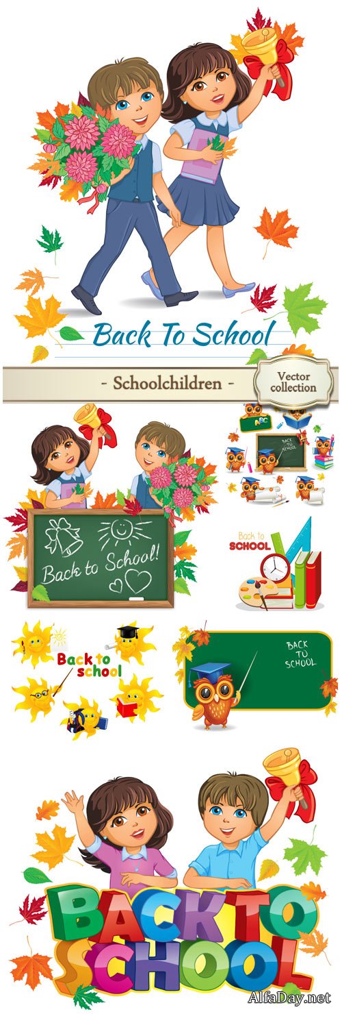 Schoolchildren in the vector, children go to school