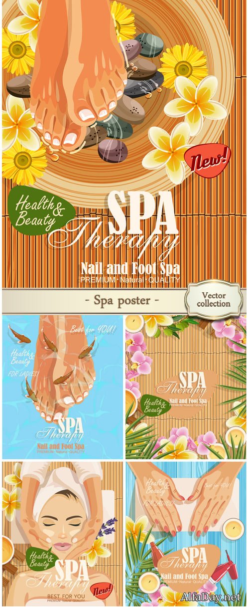 Spa poster with women's hands and feet, vector