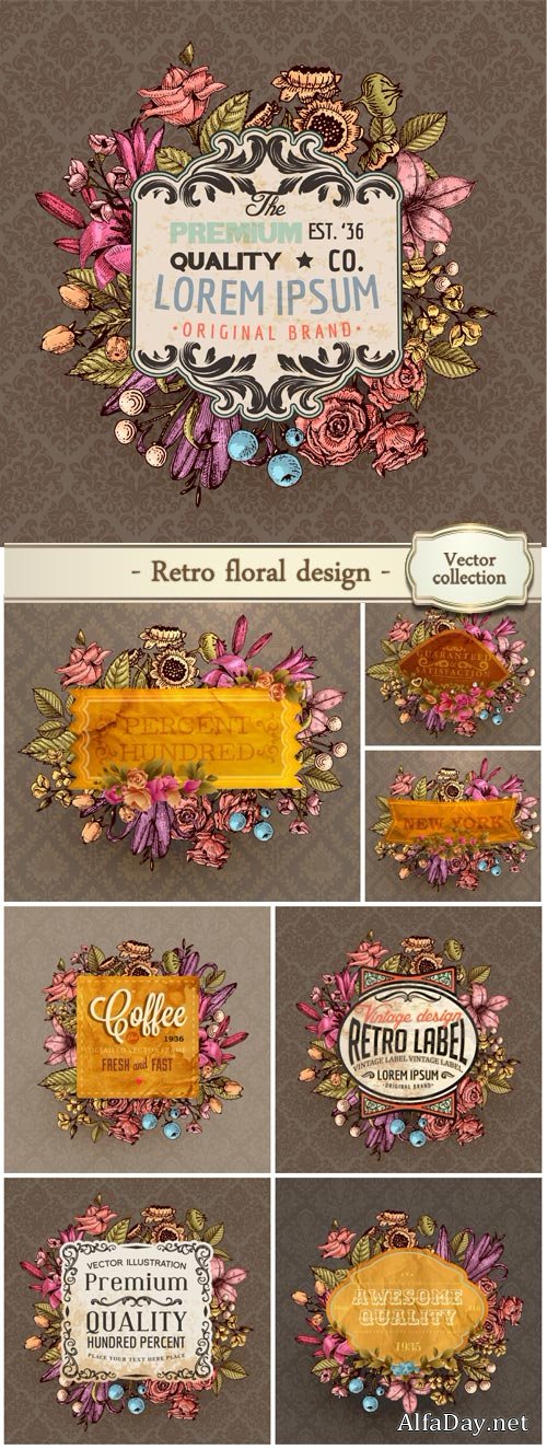 Vintage vector card, retro floral design
