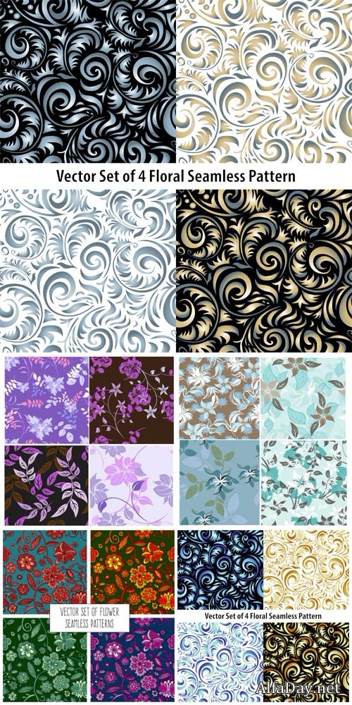 Vector set of flower, seamless patterns