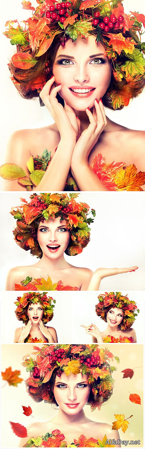 Girl with autumn leaves on the head - stock photos