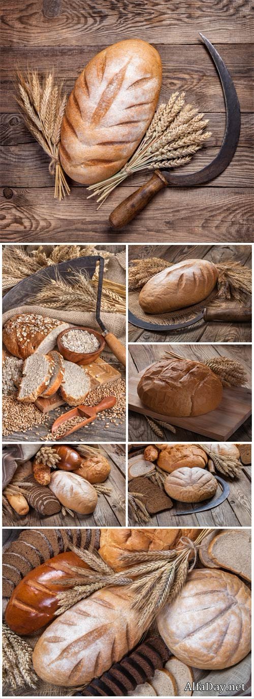 Bread with ears of wheat on the wooden background - Stock photo
