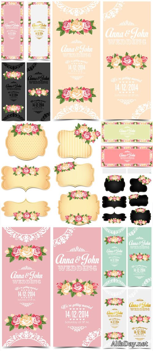 Wedding Invitations, vector card with roses