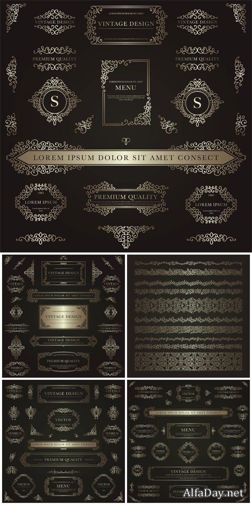 Set of golden decorative vintage design elements for label