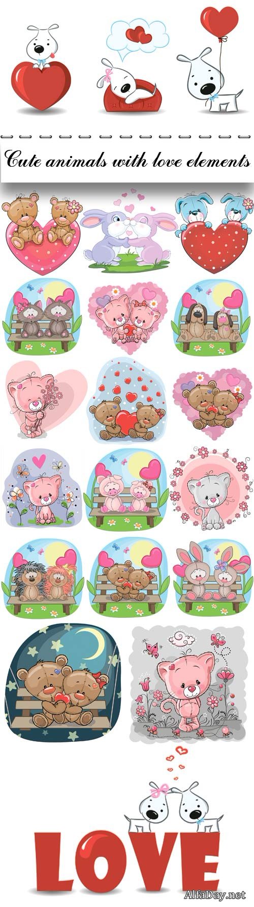 Cute animals with love elements