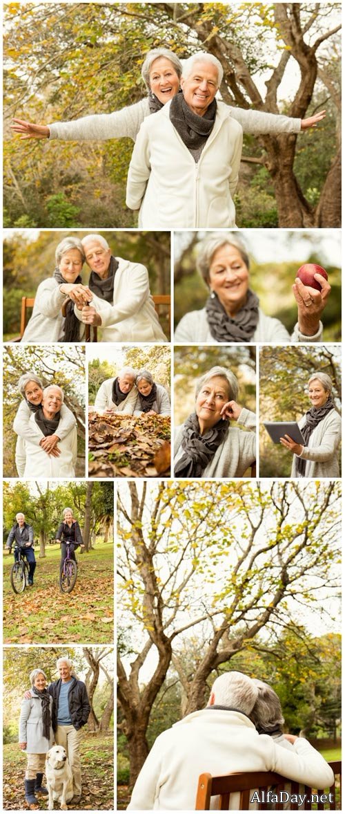 Happy elderly couple in autumn park - Stock photo