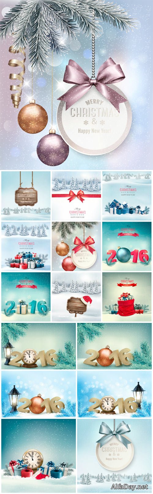 Holiday Christmas background with gift boxes and landscape