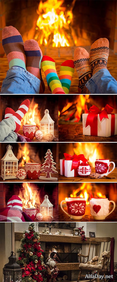 Stock Image Christmas ornament near fireplace, Winter holiday concept