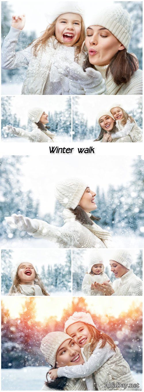 Mom and daughter on a winter a walk