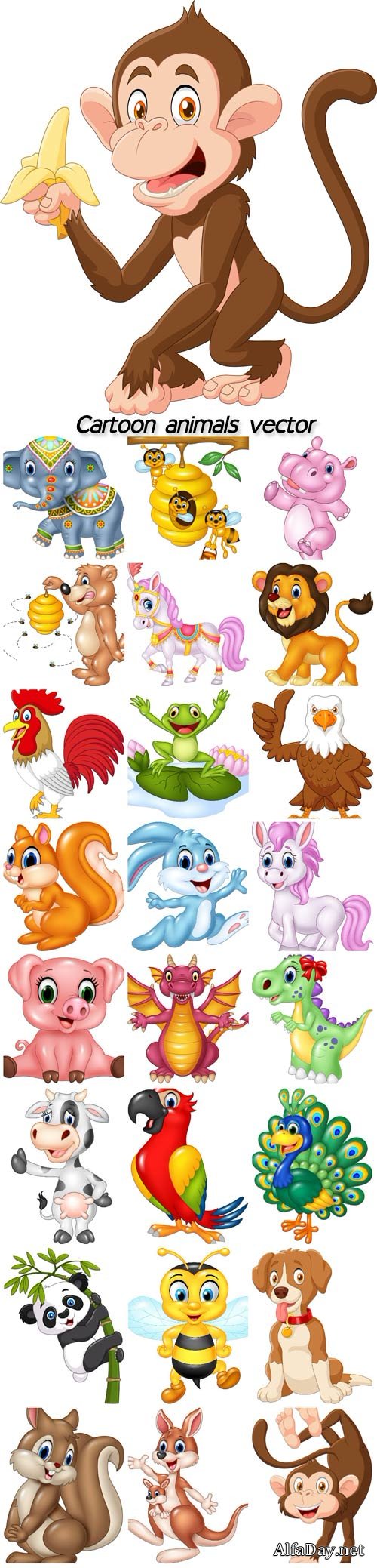 Cartoon animals vector, rabbit, squirrel, monkey