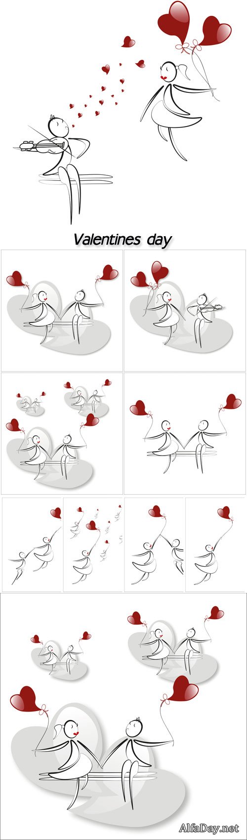 Boy plays the violin, girl with red hearts balloons