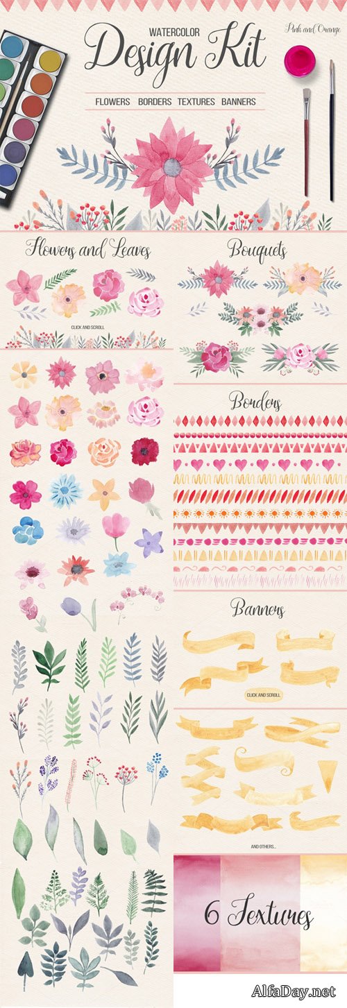Watercolor Design Kit. Pink & Orange - Creativemarket 521255