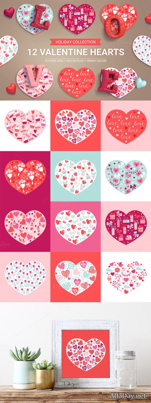 12 Valentine Hearts - Creativemarket 517046