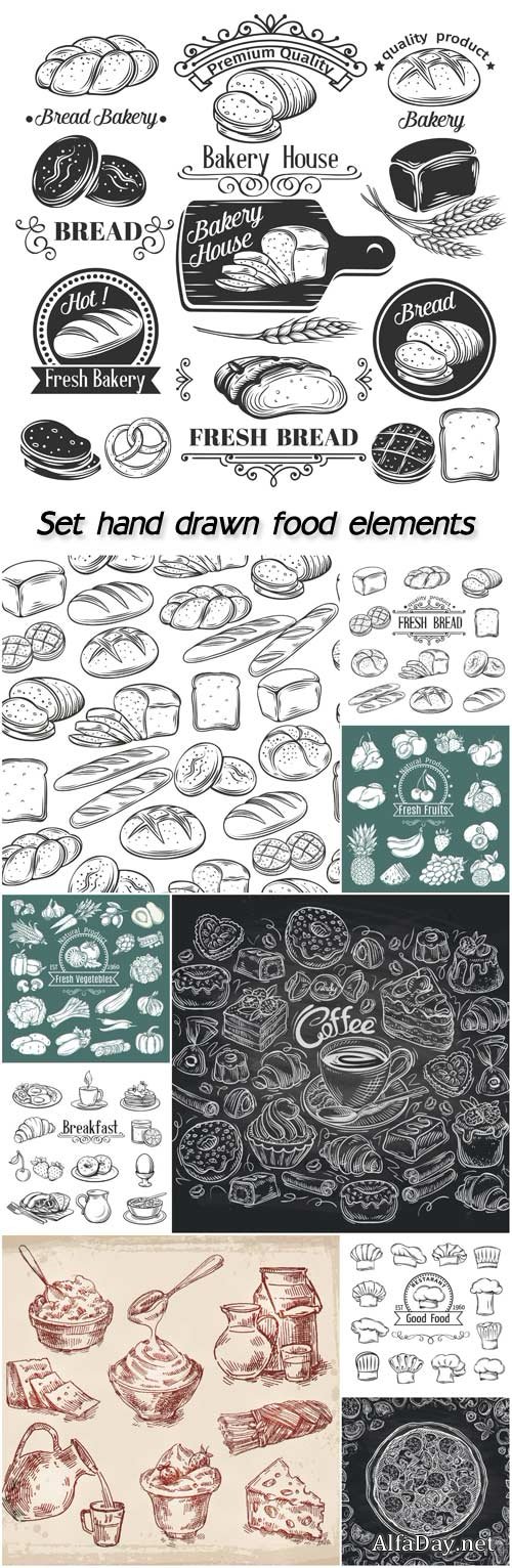 Set hand drawn food elements, vegetables, fruit, bread