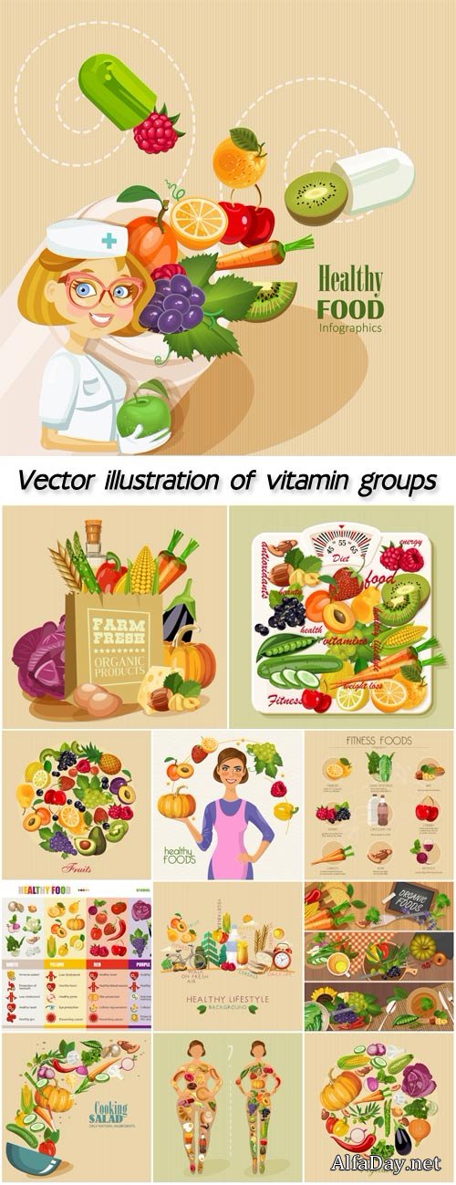 Vector illustration of vitamin groups, fruit and vegetables set