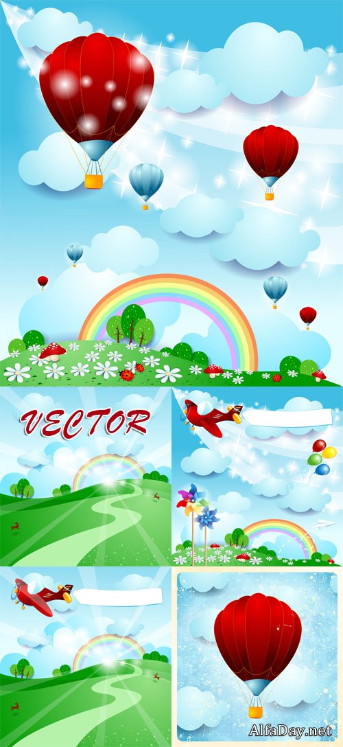 ��������� ����, �������, �����, ������� ����, ������ / Beautiful natural background with balloons - vector clipart
