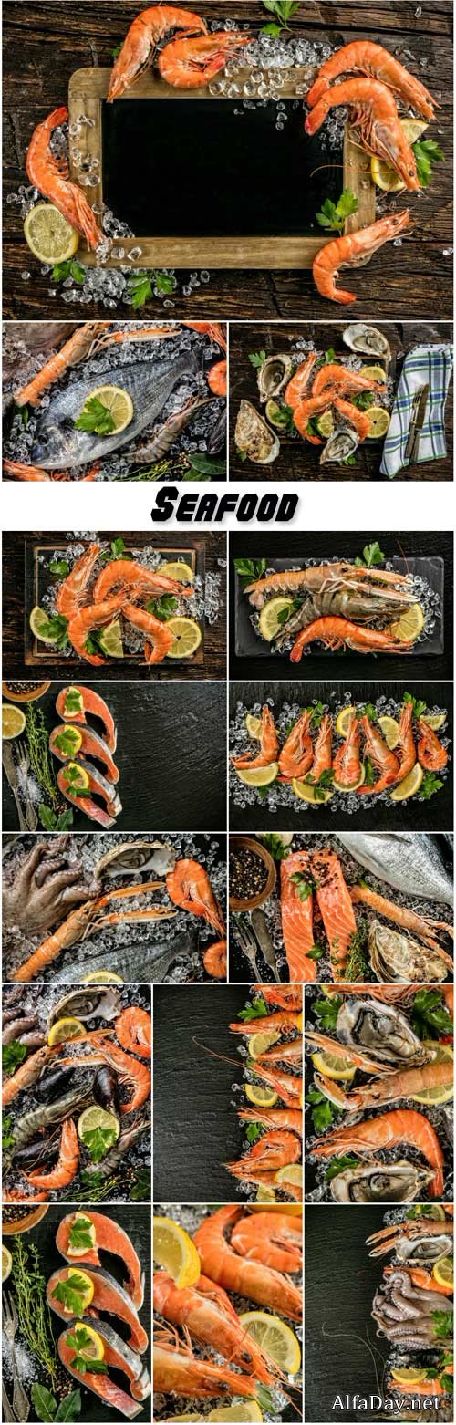 Seafood served on black stone, cooked prawns