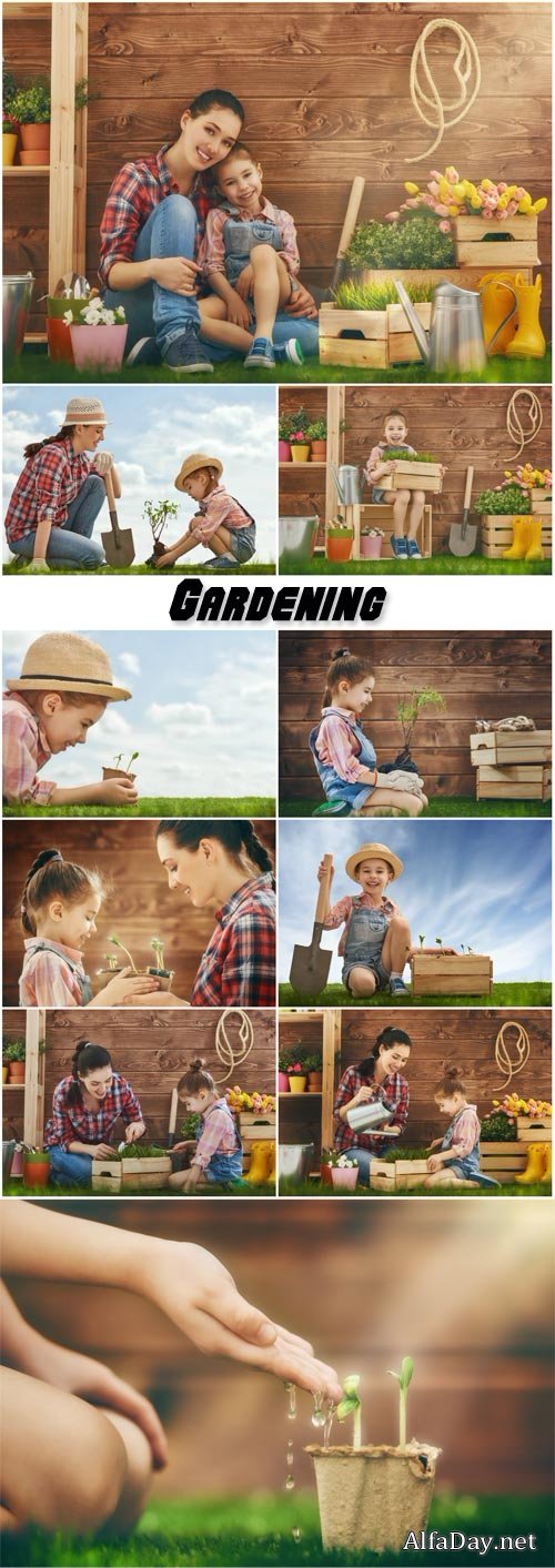 Mother and her daughter engaged in gardening