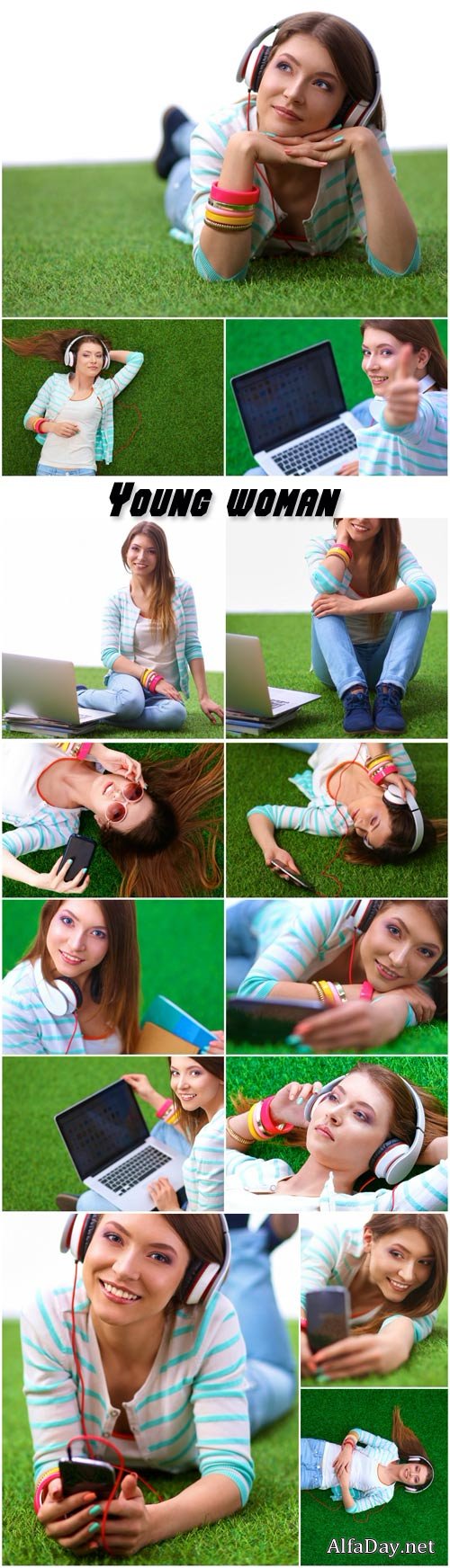 Beautiful young woman with a phone and a laptop on the green grass