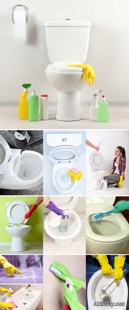 Stock Image Hands in yellow gloves washing a toilet bowl