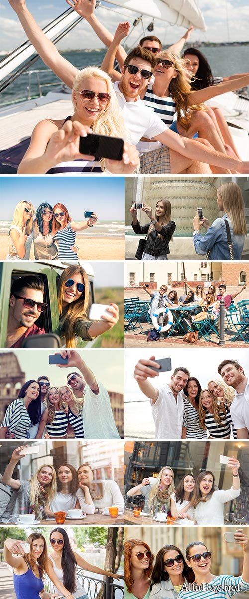 Stock Image People taking selfie by smartphone in travel