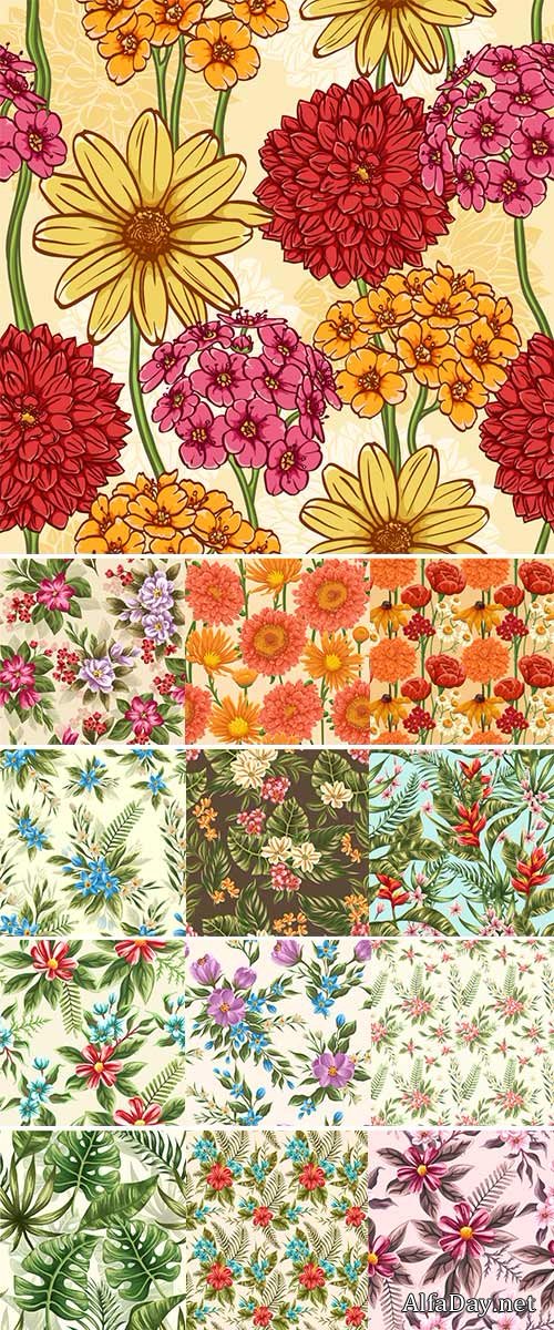 Stock Tropical floral seamless pattern with plumeria and hibiscus flowers vector