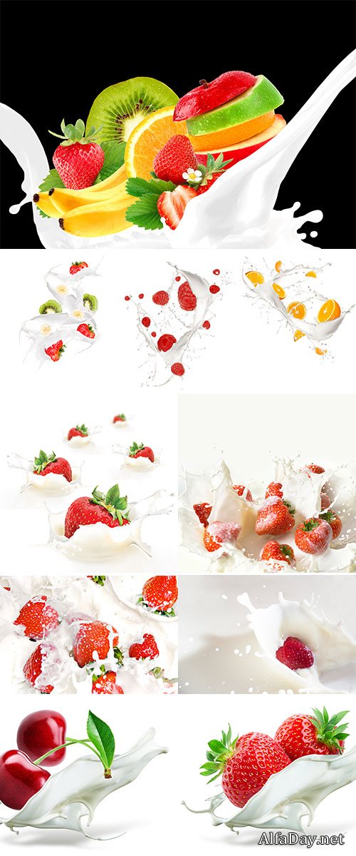  Stock Image Fruit and berry in cream splash