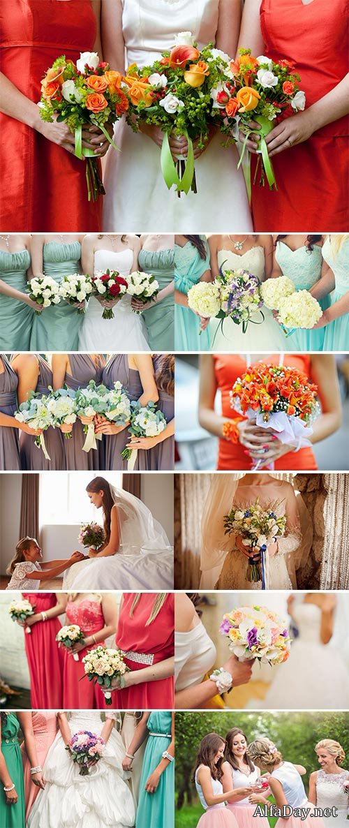 Stock Image Bride with bridesmaids holding wedding bouquets