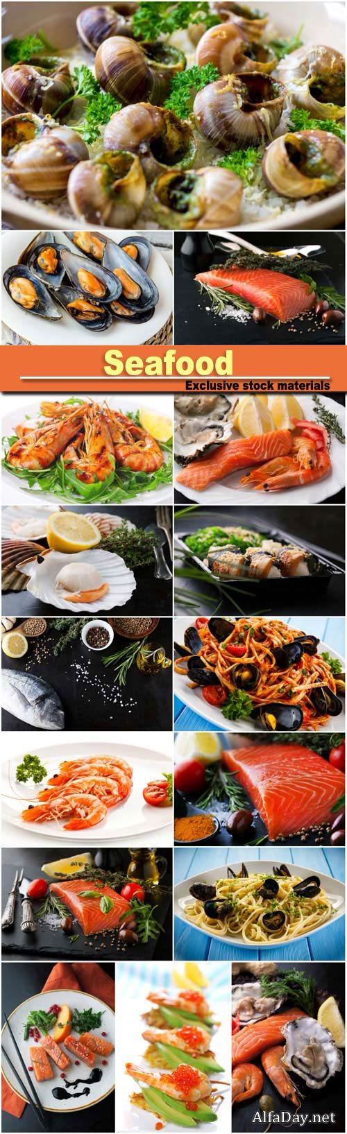 Seafood, shrimp, mussels, fish, oysters