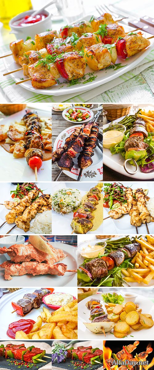 Stock Images Tasty grilled meat and vegetables skewers on a slate plate