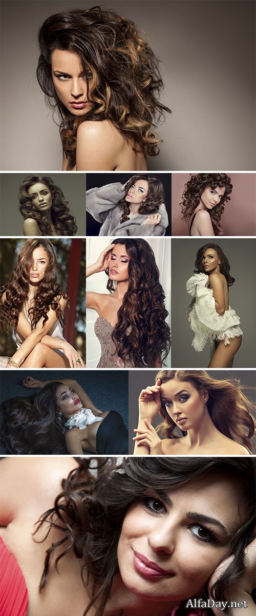 Beautiful woman model brunette long curly hair - Stock Image