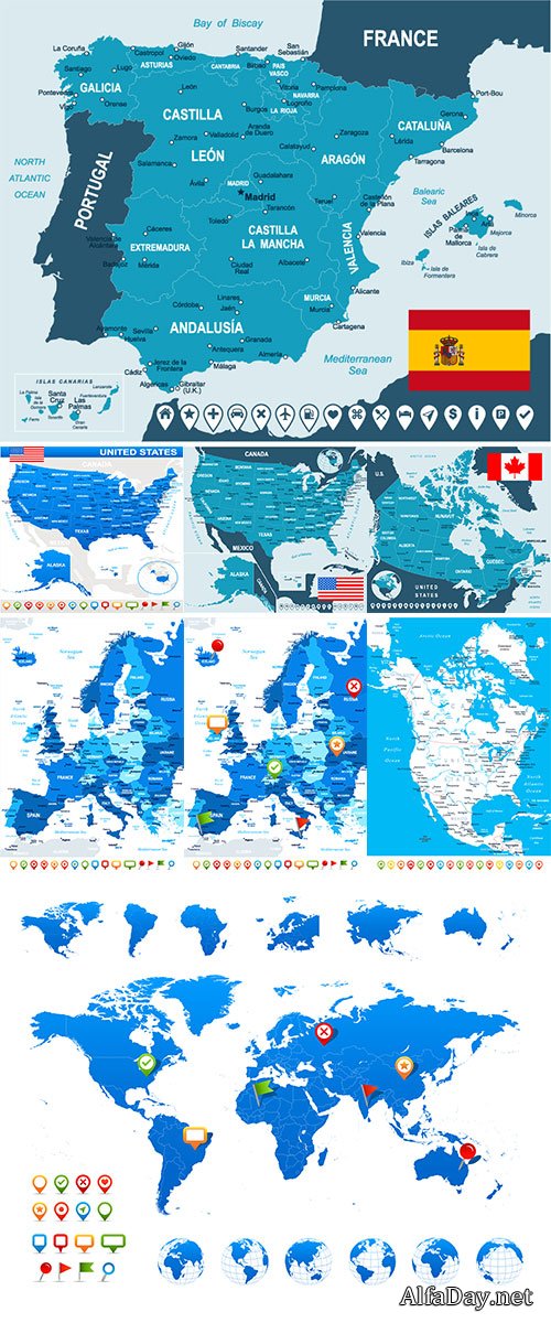 World Map, Globes, Continents, Navigation Icons Stock vector
