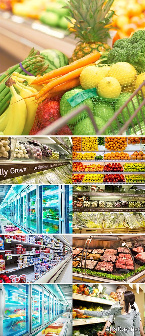 Supermarket refrigerator with various products - Stock Image