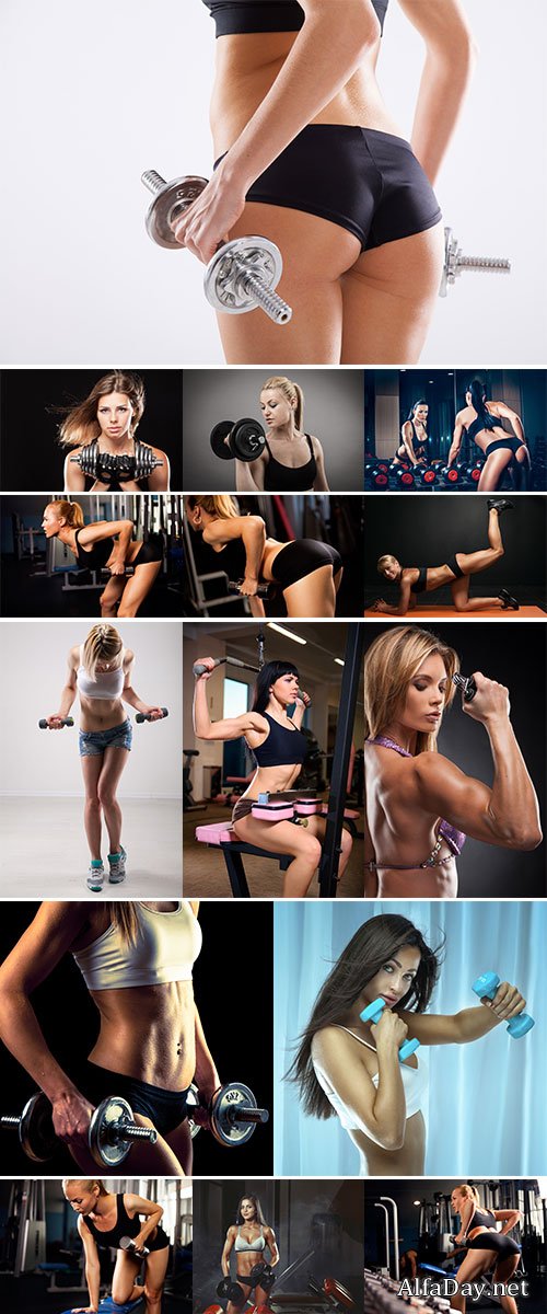 Athletic young lady doing workout with weights - Stock Image