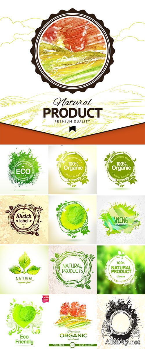 Stock Vector watercolor hand drawing label for organic product