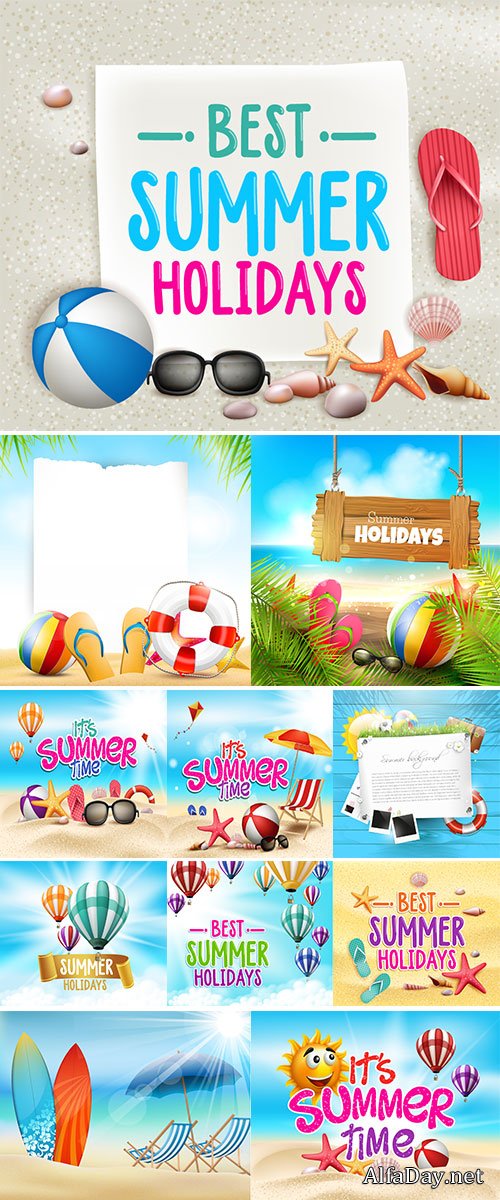 Stock vector Summer Time in Beach Sea Shore with Realistic Objects