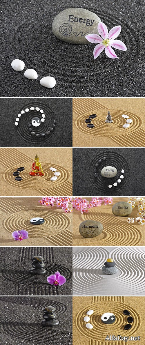 Zen garden with stone of energy - Stock Image