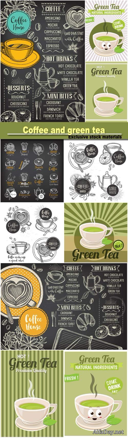 Vintage posters of coffee and green tea