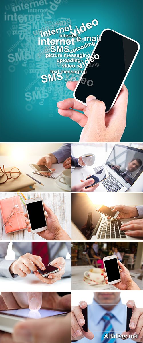 The male hand holding a phone against the background of the table Stock Images
