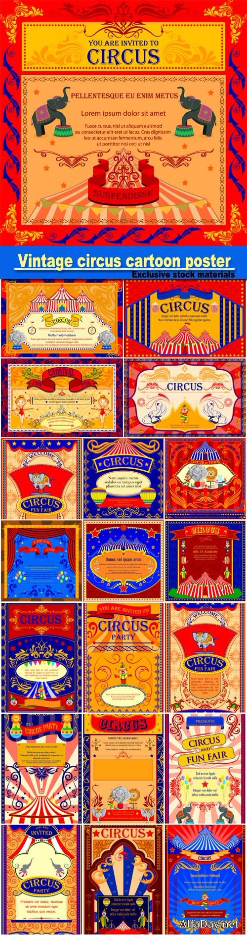 Vintage circus cartoon poster, invitation for party, carnival and advertisment