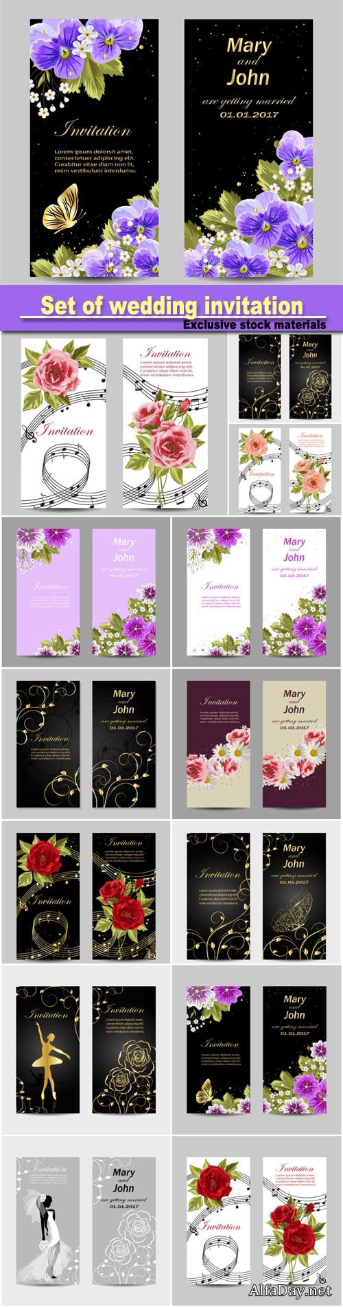 Set of wedding invitation cards design, beautiful flowers, vector illustration