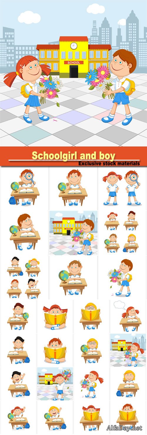 Schoolgirl and boy student with a bouquet in hand, go to school, vector illustration