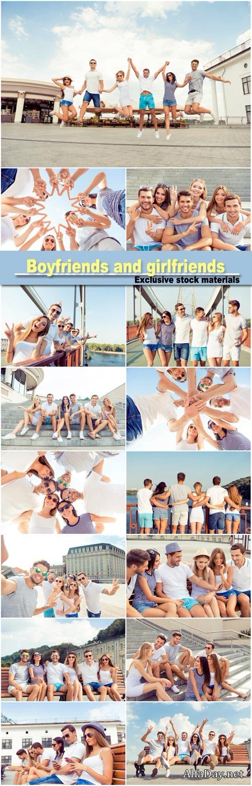 Group of diverse successful young  boyfriends and girlfriends having fun at summertime