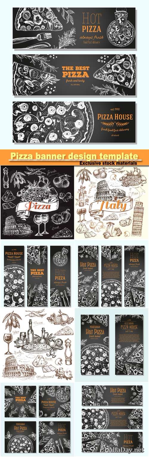 Pizza banner design template, flyer design collection, drawn vector illustration set