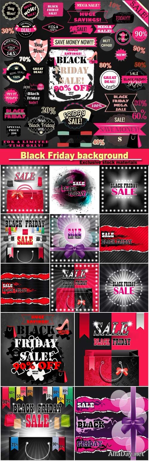 Vector set of Black Friday background and labels and ribbons