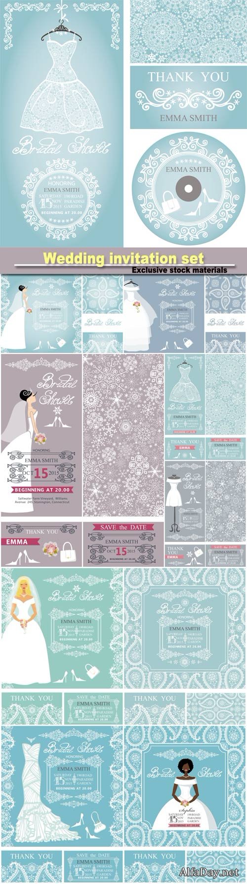 Wedding invitation set, beautiful bride in wedding dress