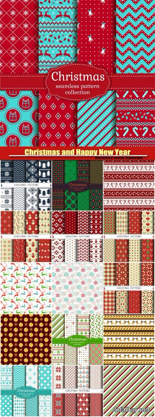 Merry Christmas and Happy New Year, seamless backgrounds with bells, snowflakes, christmas tree