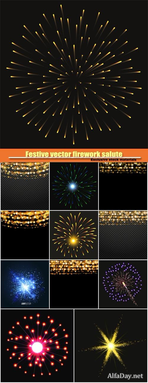 Festive vector firework salute, lights design elements background